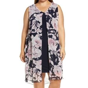 CONNECTED APPAREL SZ 10 M Navy Pink Floral Chiffon Overlay Dress NWT B75